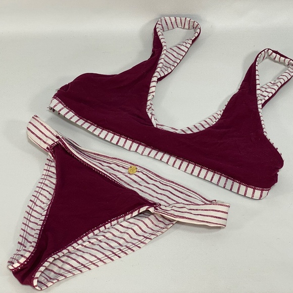 Quint Soul Womens Bikini Medium Stripe Burgundy White Pull On Lined Beach Pool - Picture 11 of 11